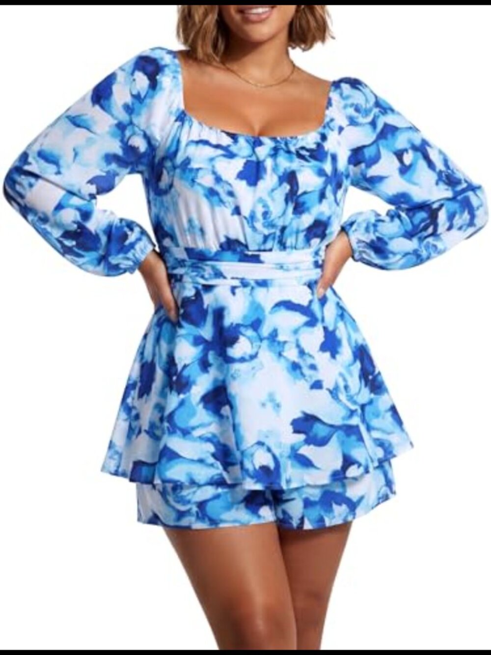 Plus Size Smocked Romper Dress Square Neck Puff Sleeve Short Jumpsuit